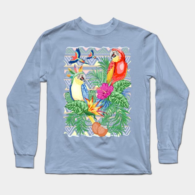 Macaws Parrots Exotic Birds on Tropical Flowers and Leaves Long Sleeve T-Shirt by BluedarkArt